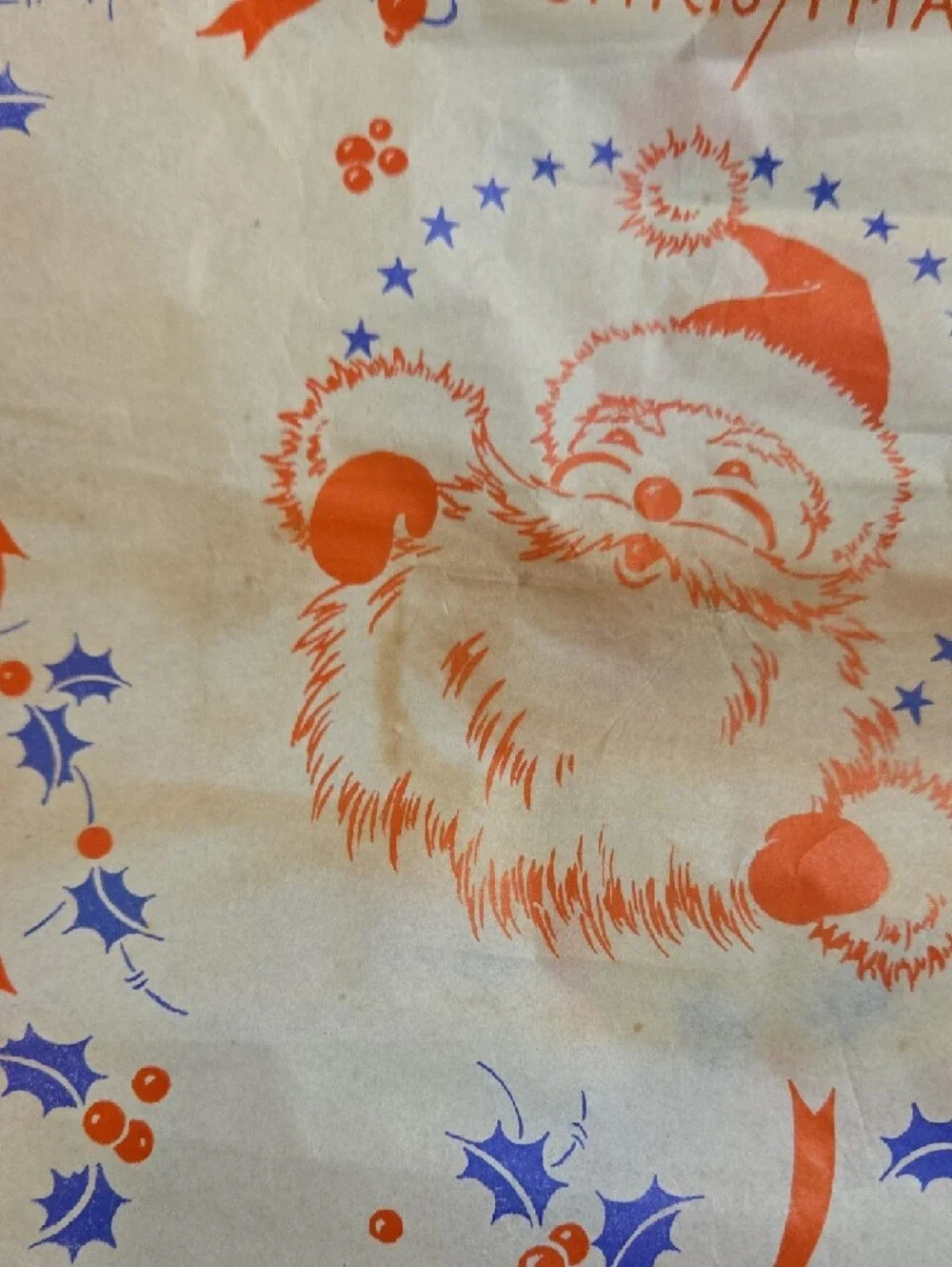 Vintage Merry Christmas Santa Gift Wrap - Cream with Orange & Blue